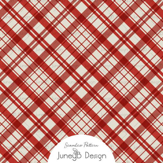 Christmas Red & Cream Plaid Seamless Pattern Digital Download – Tartan Check Fabric Design