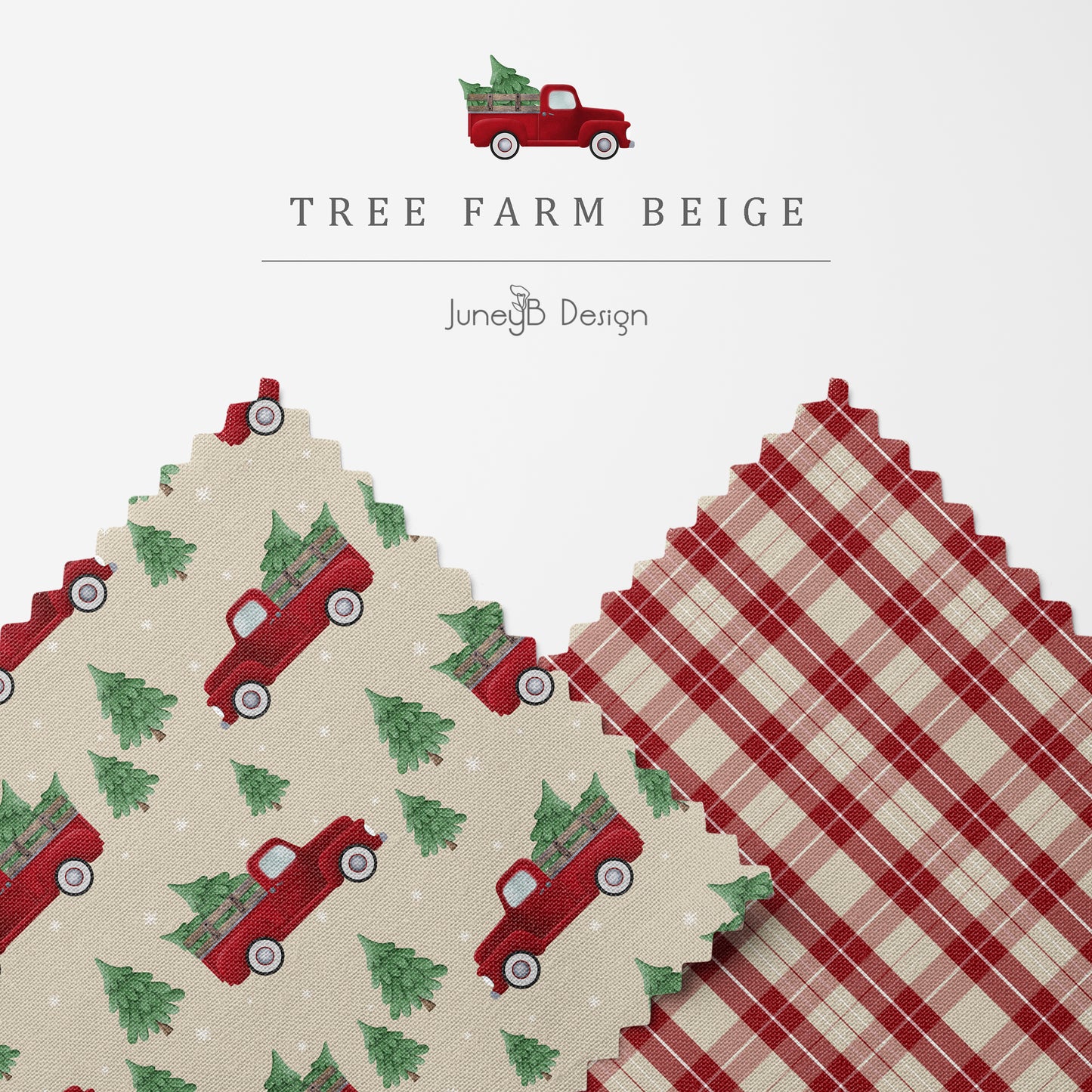 Christmas tree farm truck seamless pattern set with red vintage pickup and evergreen trees on beige background, paired with coordinating red and cream plaid fabric design.