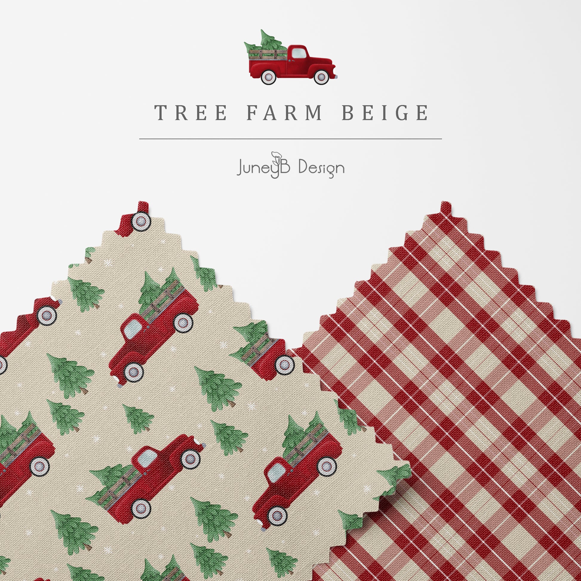 Christmas tree farm truck seamless pattern set with red vintage pickup and evergreen trees on beige background, paired with coordinating red and cream plaid fabric design.