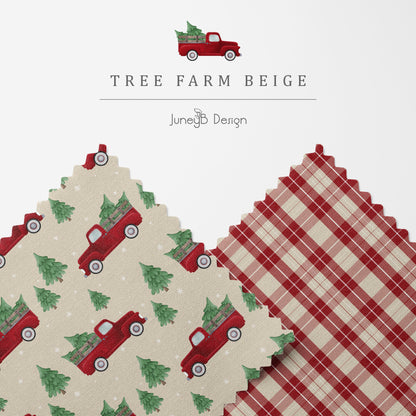 Christmas tree farm truck seamless pattern set with red vintage pickup and evergreen trees on beige background, paired with coordinating red and cream plaid fabric design.
