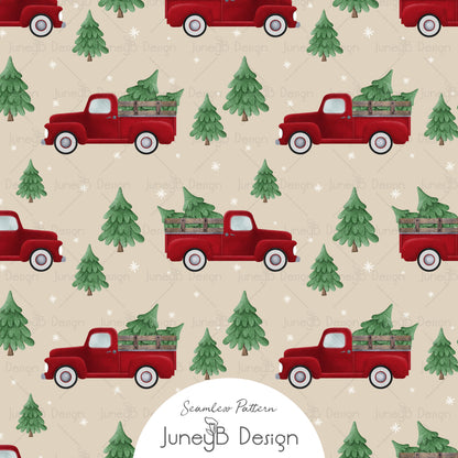 Christmas tree farm seamless pattern with red vintage pickup truck carrying green trees on beige background, hand-painted watercolor holiday fabric design.