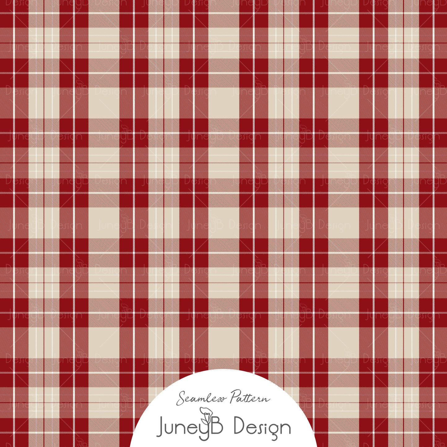 Red and cream plaid seamless pattern with classic tartan check design on beige background, festive Christmas fabric texture digital design.