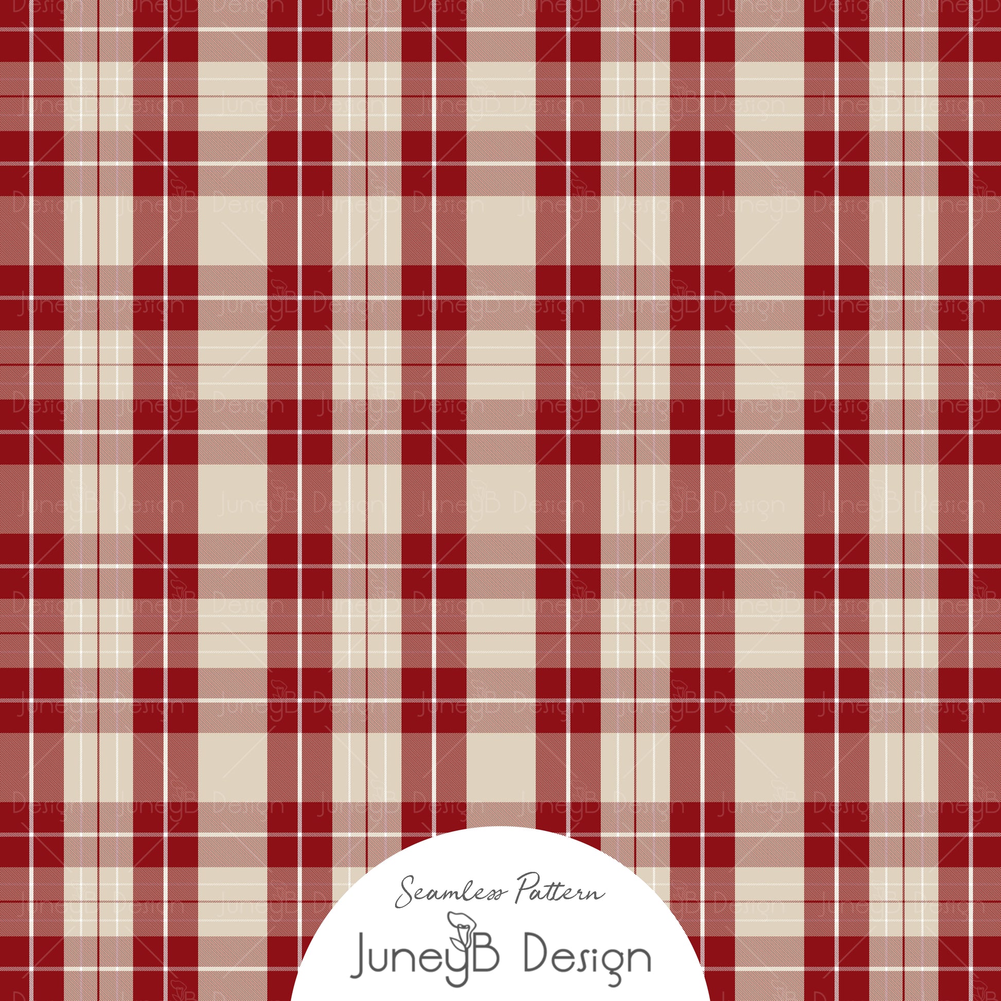 Red and cream plaid seamless pattern with classic tartan check design on beige background, festive Christmas fabric texture digital design.