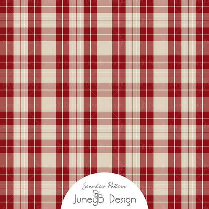 Red and cream plaid seamless pattern with classic tartan check design on beige background, festive Christmas fabric texture digital design.