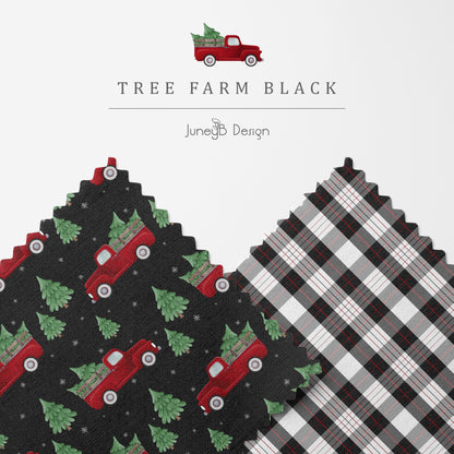 Christmas tree farm truck seamless pattern set with red vintage pickup and green trees on black background, paired with coordinating red and white plaid fabric design.