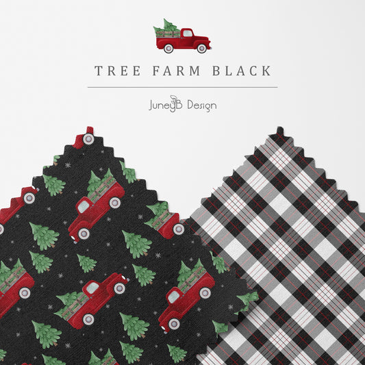 Christmas tree farm truck seamless pattern set with red vintage pickup and green trees on black background, paired with coordinating red and white plaid fabric design.