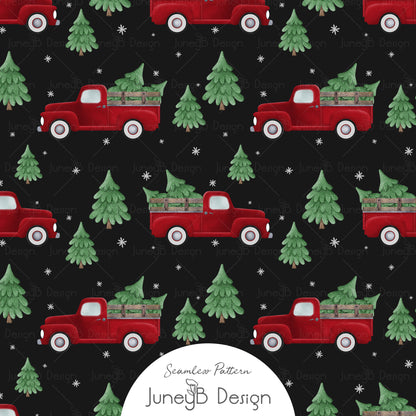 Christmas Tree Farm Truck Seamless Pattern Set Digital Download – Red Vintage Pickup & Plaid Fabric Designs (Black Background)