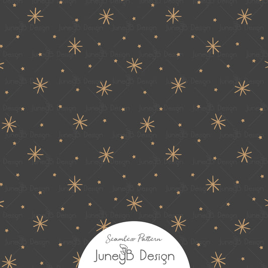 Gold snowflake seamless pattern on charcoal black background – elegant Christmas fabric design
